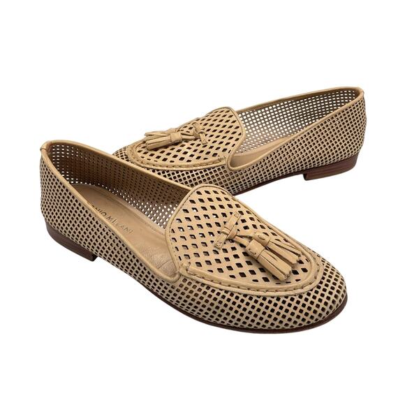 Antonio Melani Saddie Neutral Tan Leather Perforated Tassel Slip On Loafers - Picture 1 of 13